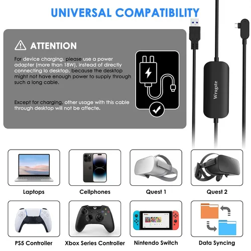 Vista 4 de Cable de enlace USB de 16.4 ft compatible con OculusMeta Quest 2ProPICO 4 accesorios VR auriculares separados USB C 100% puerto de carga