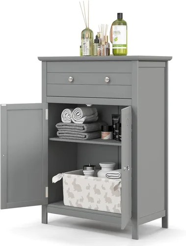 Vista 10 de GOFLAME Gabinete de almacenamiento de madera para baño, moderno armario organizador de baño con estante ajustable de 3 alturas, cajón y estante de 2