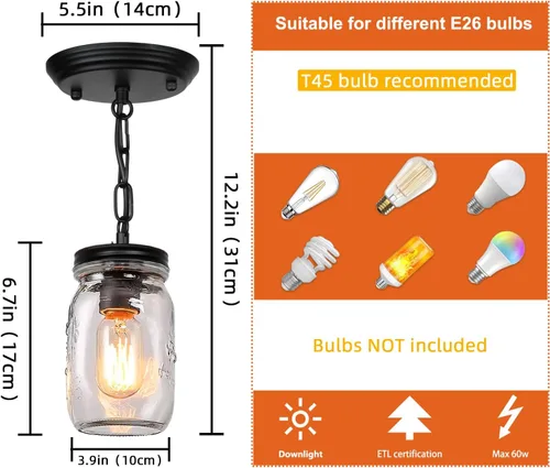 Vista 5 de Accesorios de Luz de Tarro de Albañil de Vidrio - Luz Colgante de Techo Individual de 1 Luz Montaje Empotrado - Luces de Granja de Estilo Rústico