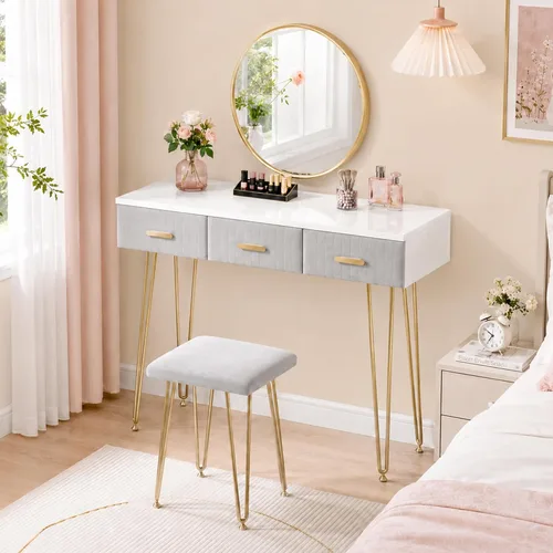Vista 8 de Furnistar Tocador Pequeño con Espejo Redondo y Luces 39" Mesa de Tocador Moderna con 2 Cajones Mesa de Maquillaje para Dormitorio Blanco y Dorado
