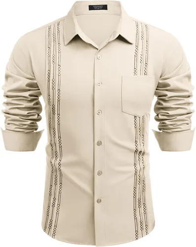 Vista 4 de COOFANDY Men's Cuban Guayabera Shirts Casual Button Down Long Sleeve Beach Shirt