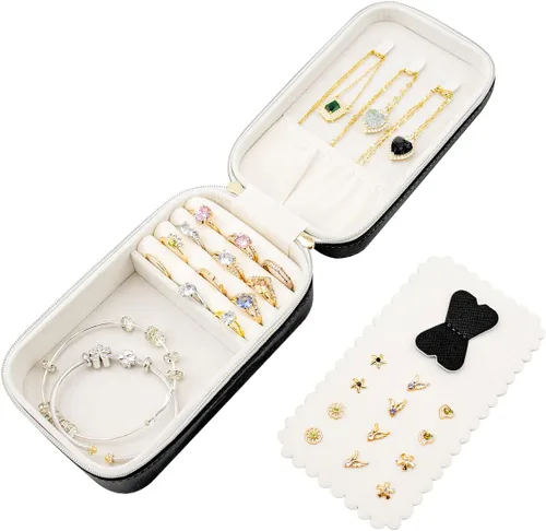 Vista 5 de SANQIANWAN Pequeña caja organizadora de viaje de joyería con estuche portátil de piel sintética para collares, anillos, aretes, diseño de borlas