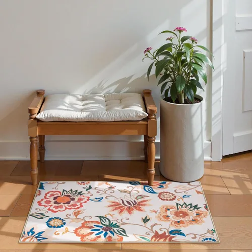 Vista 3 de Beeiva Alfombras florales de entrada, lavables para interiores, ultra fina, de 2 x 3 pies, antideslizante, para cocina, tapete de cachemira suave