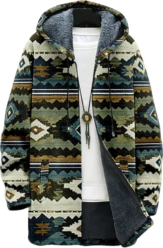 Vista 13 de Chaqueta de forro polar con capucha para hombre, con estampado azteca, de algodón pesado, con cremallera, manga larga, chaqueta con capucha