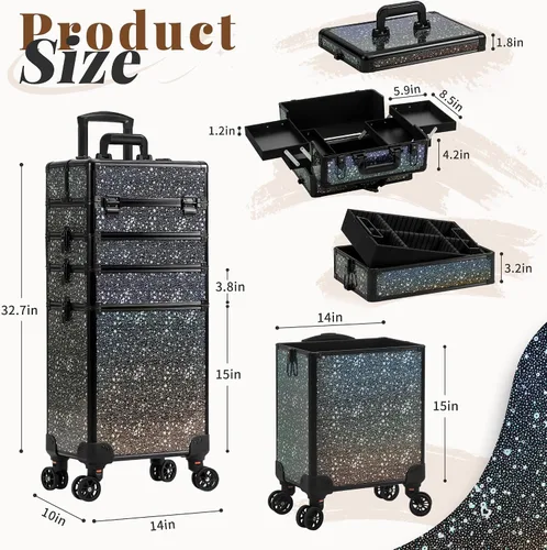 Vista 3 de AROUS Estuche de Maquillaje Rodante 5 en 1, Estuche de Cosmetología con Ruedas, Organizador de Cosméticos Grande, Carro de Viaje para Peluquero