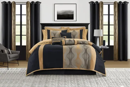 Vista 12 de Grand Avenue - Juego elegante de edredón negro y dorado, a rayas, 7 piezas de juego de cama de jacquard con edredón para todas las estaciones