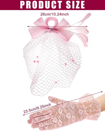 Vista 3 de Boao Sombrero de tocado con lazo, sombrero de fiesta de té, plumas, velo, diadema de malla y guantes cortos de encaje, guantes de encaje floral