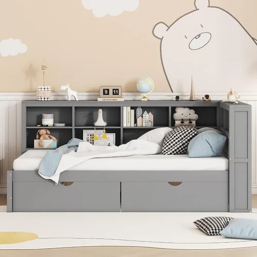 Vista 16 de HomSof Cama individual con 2 cajones, madera maciza, no necesita somier, gris