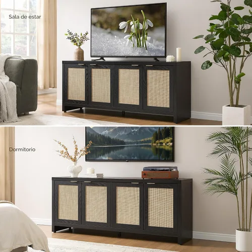 Vista 8 de SICOTAS Soporte de TV para sala de estar, centro de entretenimiento boho para dormitorio con 4 gabinetes de ratán, soporte de televisión de granja