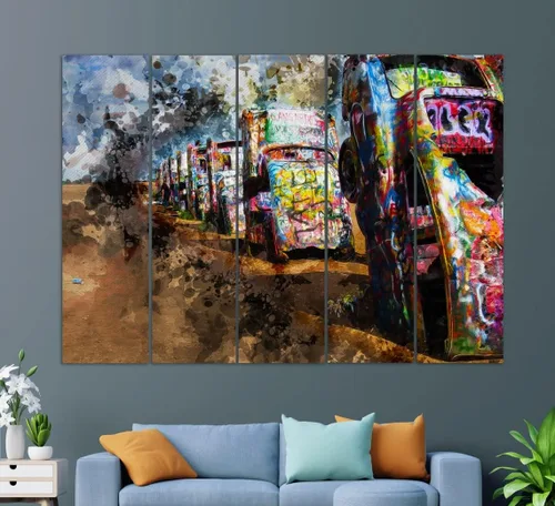 Vista 3 de Impresión en lienzo Cadillac Ranch, pintura Cadillac Ranch, arte de pared amarillo