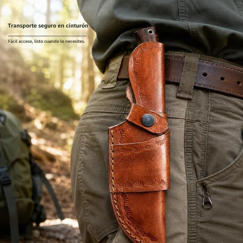Vista 4 de Cuchillo de gancho de acero D2 hecho a mano - Hoja fija de espiga completa con mango de madera y funda de cuero - Cuchillo afilado para desollar