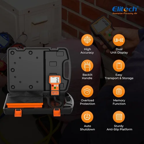 Vista 2 de Báscula Elitech LMC-100F+ de carga para refrigerante, 110 libras, de alta precisión, para Freon, para calefacción, ventilación y aire acondicionado