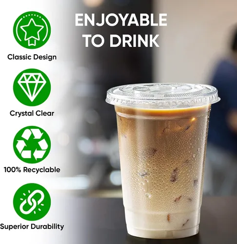 Vista 5 de Green Direct Vasos de plástico ultra transparentes con tapas planas para café helado, batido de té Boba (100, 10 onzas)