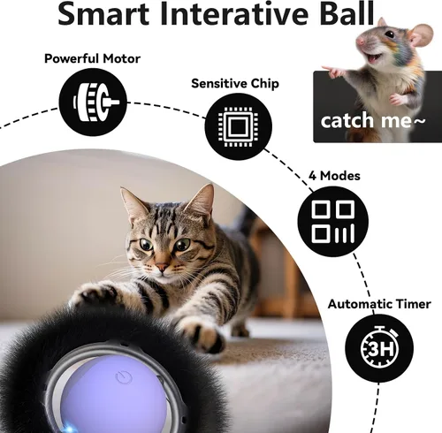Vista 4 de ORSDA Juguetes para Gatos de Interior, Bola en Movimiento Activada Interactiva en Alfombrilla de 7 Agujeros, Bola Automática de Rápido Rodamiento
