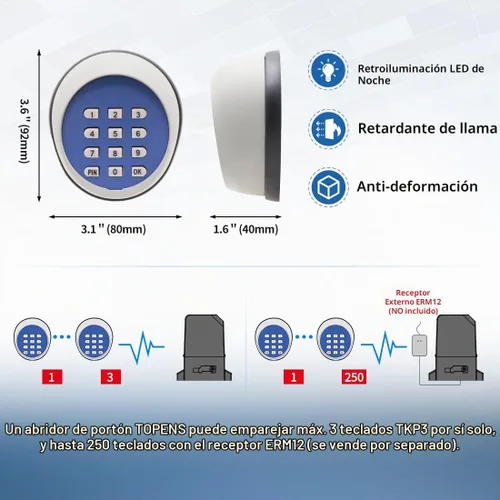Vista 7 de TOPENS TKP3 - Teclado inalámbrico sin llave, panel de código digital, control de seguridad para abridor automático de puertas correderas de garaje