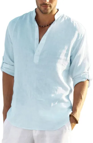 Vista 31 de COOFANDY Camiseta Henley de algodón y lino para hombre, de manga larga, estilo hippie, casual, playera