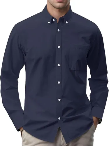 Vista 5 de Camisas Oxford para hombre, estilo casual, con cuello abotonado, manga larga, ajuste regular, suave, para negocios, con bolsillo
