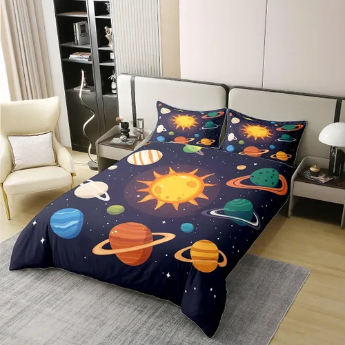 Vista 2 de Funda de edredón 100% algodón con planetas del sistema solar, tamaño individual, Mercurio, Tierra, Marte Neptuno Saturno y Júpiter, para niños
