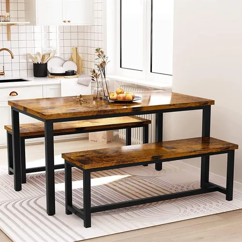 Vista 8 de Juego de mesa de comedor con 2 bancos, juego de mesa de comedor de estilo granja para 4-6 personas, juego de mesa de desayuno de madera, juego