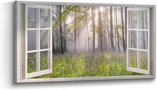 Vista 8 de Lienzo decorativo para pared de bosque de ventana, pintura de naturaleza, paisaje de amanecer, sala de estar, dormitorio, paisaje, imagen relajante