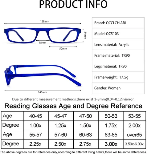 Vista 5 de OCCI CHIARI Gafas de lectura para mujer TR90 lector para hombres 1.0 1.25 1.5 1.75 2.0 2.25 2.5 2.75 3.0 3.5 4.0 5.0 6.0 (azul, 100)