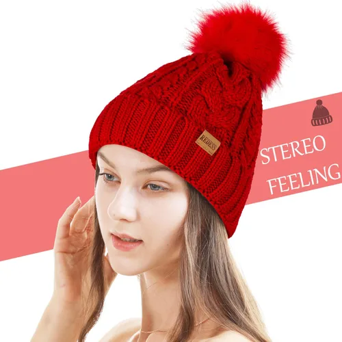 Vista 2 de REDESS Women Winter Pompom Beanie Hat with Warm Fleece Lined, Thick Slouchy Snow Knit Skull Ski Cap