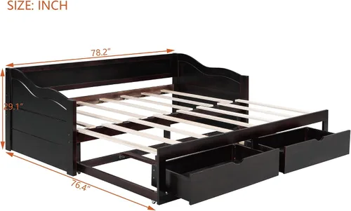 Vista 2 de JIVOIT Sofá cama extensible con cama nido y dos cajones de almacenamiento, marco de sofá cama de madera con soportes de listones de madera, diseño