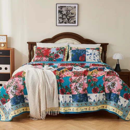 Vista 3 de EVENHUG Juego de edredón de retazos de 100% algodón, tamaño Queen, ligero, floral, juego de ropa de cama, colcha reversible con fundas de almohada