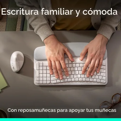 Vista 4 de Logitech Wave Keys & Lift Vertical Mouse - Combo de teclado y mouse inalámbrico ergonómico - con reposo de palma acolchado, Easy-Switch, Bluetooth