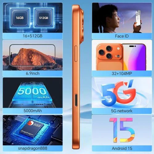 Vista 4 de Teléfonos desbloqueados, K17 PM 5G Android 15 Smartphone, 16+512GB Dual SIM Teléfono Celular, Pantalla HD+ de 6.9", Batería de 5000mAh, Cámara