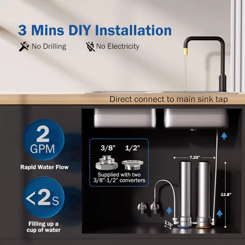 Vista 5 de Frizzlife UDS99 - Sistema de filtro de agua para debajo del fregadero, filtración de agua de conexión directa de 8 etapas, 0.5 micrones reduce