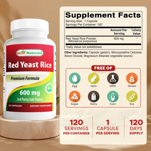 Vista 2 de Best Naturals, Arroz de levadura roja, cápsulas de 600 mg, 120 cápsulas, 2 cápsulas por porción/1200 mg por porción