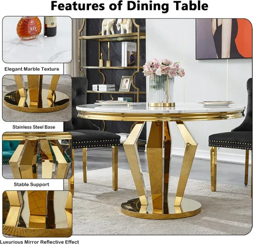 Vista 5 de Juego de mesa de comedor de mármol sintético de oro blanco de 47 pulgadas para 2, juego de mesa de comedor de cocina de 3 piezas, juego de mesa