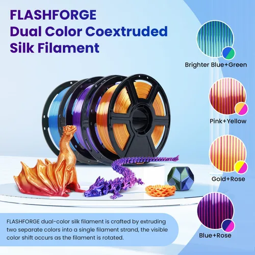 Vista 2 de FLASHFORGE Silk Bi-Color PLA Filament 1.75mm, Coextrusion Pink Yellow Dual Color Multicolor 3D Printer Filament, Enchanting Silk Finish with 360°