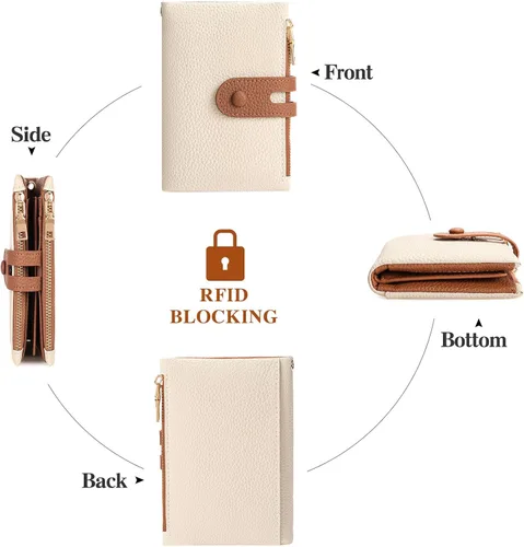 Vista 5 de FALAN MULE Cartera pequeña de cuero para mujer, con bloqueo RFID, tarjetero plegable con bolsillos dobles con cremallera, Blanco y marrón, Compacto
