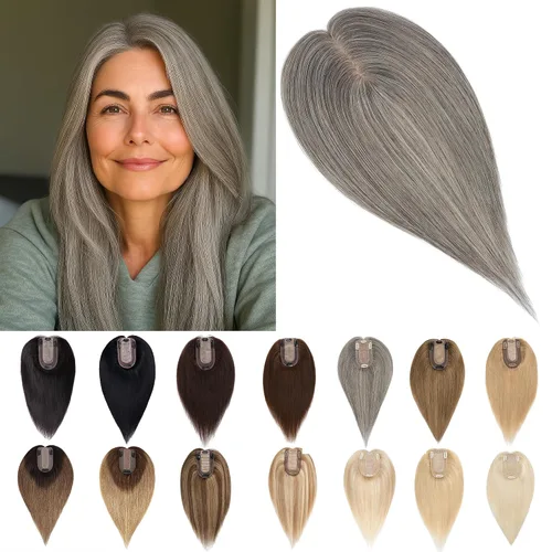 Vista 20 de SEGO Toppers para el cabello para mujer, cabello humano real con flequillo, 2.8 x 5.1 in, base de seda, 100% cabello humano Remy, clip en la parte