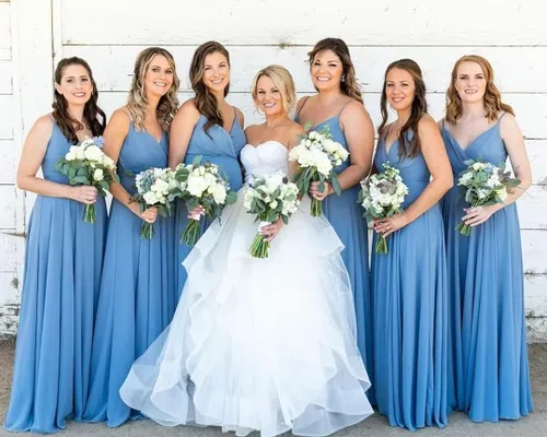 Vista 5 de Zeeyecie Vestidos de dama de honor con cuello en V para mujer vestidos largos de gasa con tirantes delgados fruncidos vestidos de noche formales