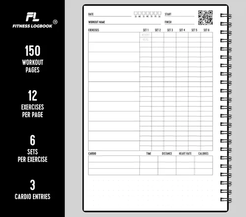 Vista 3 de Cuaderno de registro de fitness (negro) – Diario de entrenamiento A5 sin fecha para hombres y mujeres – cubierta de plástico y papel grueso – Agenda