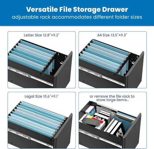 Vista 6 de Mount-It! Archivador delgado de 3 cajones con cerradura, archivador móvil de metal sobre ruedas para almacenamiento debajo del escritorio, hogar