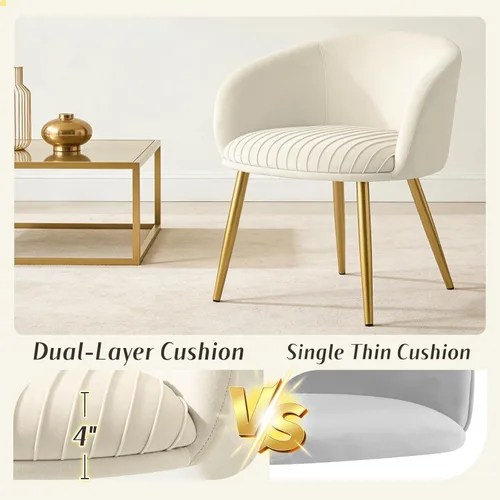 Vista 6 de Boucle - Silla de tocador de maquillaje de terciopelo, moderna silla de escritorio para niñas, sin ruedas, con patas de metal dorado, sillón Beige