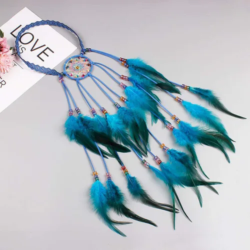 Vista 2 de Fodattm Diadema bohemia hecha a mano con plumas atrapasueños tocado tocado hippie estilo indio diadema tocado (azul)