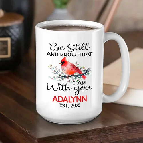 Vista 4 de Taza de café personalizada con nombre y año con diseño de pájaro cardenal rojo, taza de café con texto en inglés "Be Still And Know That I Am With