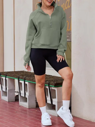 Vista 4 de WYNNQUE Womens Half Zip Cropped Pullover Sweatshirts Fleece Quarter Zipper Hoodies Winter Clothes Sweaters Thumb Hole