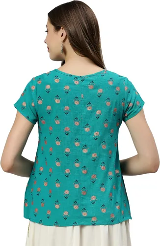 Vista 5 de Janasya Top indio de algodón verde azulado para mujer