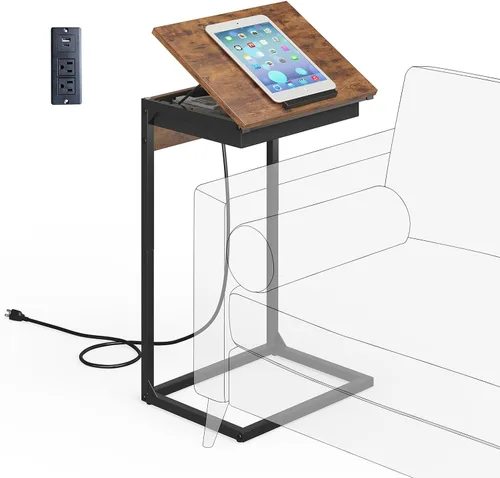 Vista 13 de sthmec Mesa auxiliar en forma de C con estación de carga, mesa auxiliar abatible ajustable de 45° con almacenamiento, mesa pequeña en C