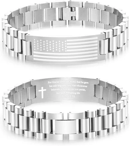Vista 8 de P. BLAKE Pulsera con versículo bíblico de la bandera estadounidense para hombres, pulsera de acero inoxidable grabada de las Escrituras, religiosa