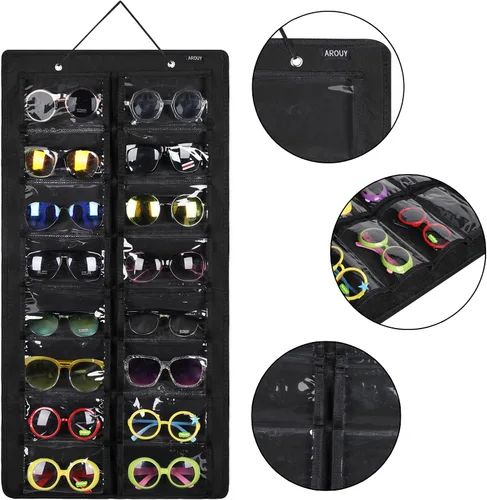 Vista 2 de AROUY Organizador de gafas de sol, organizador de gafas con bolsillo para colgar en la pared - Organizador de gafas de sol con 16 ranuras de fieltro