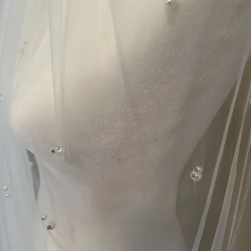 Vista 5 de Bambi Elegant Bridal Cathedral Veil with Artificial Pearl Design - White, 118.1 inches Long