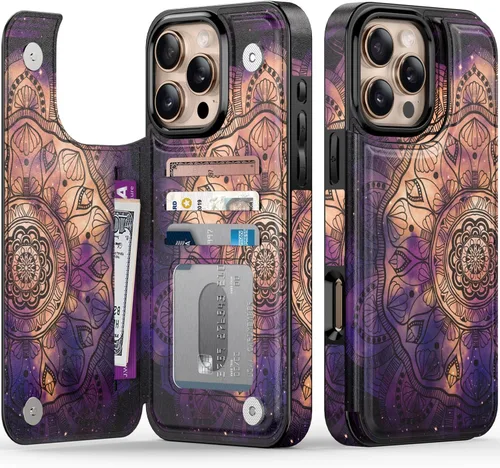 Vista 17 de LETO para iPhone 15 Pro Funda tipo cartera - Tapa tipo folio con patada - Diseños de moda - Tarjetero - Funda protectora para mujeres y niñas - 6.1