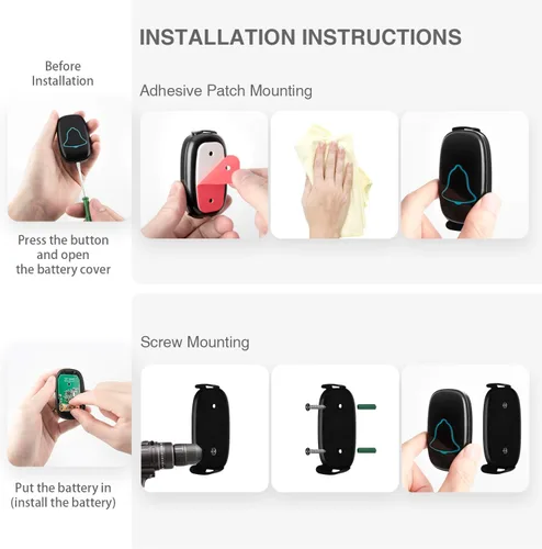 Vista 6 de BO YING - Timbre inalámbrico para puerta, impermeable, fácil de instalar, alcance de 1000 pies, 38 melodías, volumen ajustable y flash LED, 1 botón